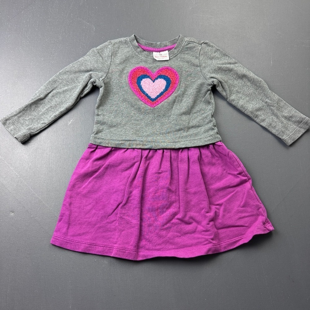 Hanna Andersson Dress Girls 12 Gray and Purple Knit Heart Design Patch Casual